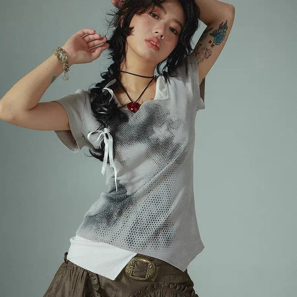 Y2K GRUNGE ASYMMETRIC LAYERED TOP