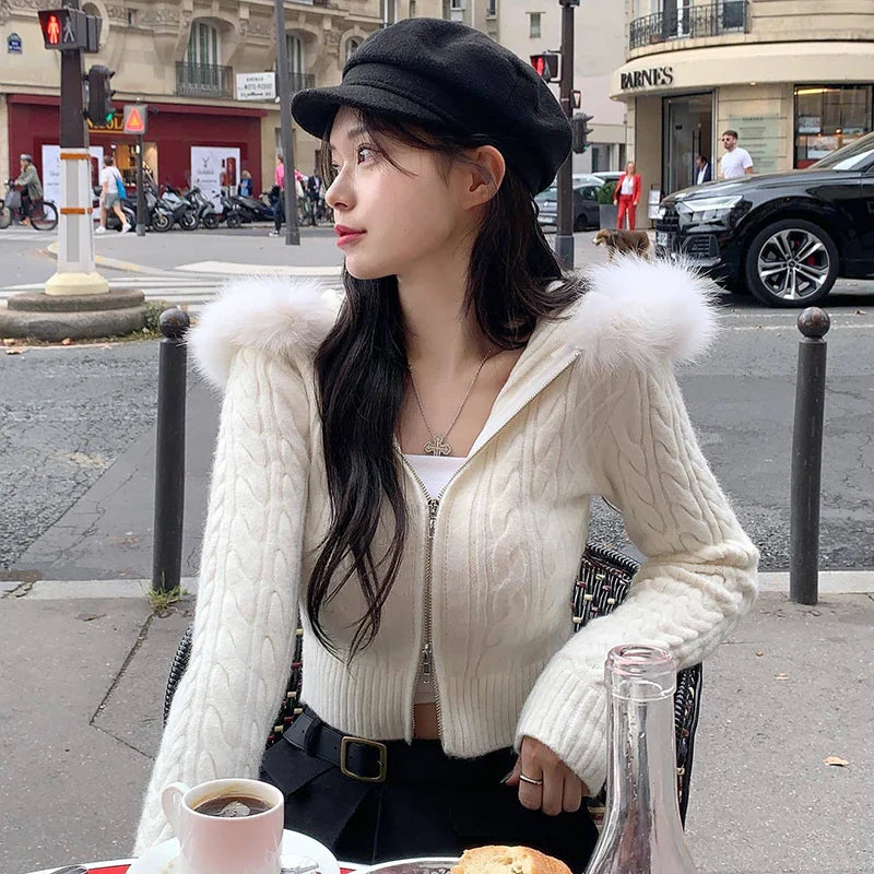 Y2K FAUX FUR HOODED KNITTED CARDIGAN