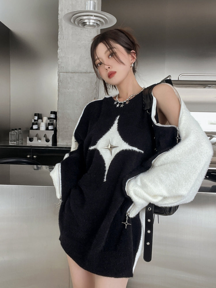 Y2K STAR ZIP-UP SHOULDER SWEATER